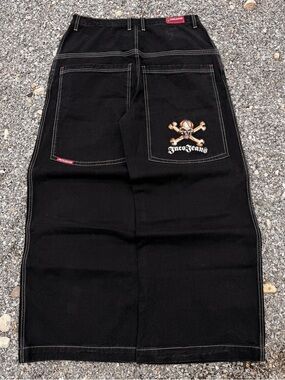 JNCO Black Baggy Wide-leg Style Jeans with Crossbone embroidery